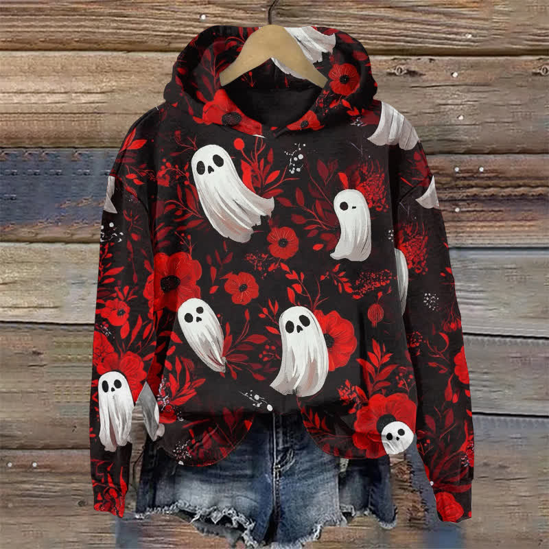 Ghost In The Dahlia Halloween Print Long Sleeve Hoodie - Red - US44-46(8XL) - image 1