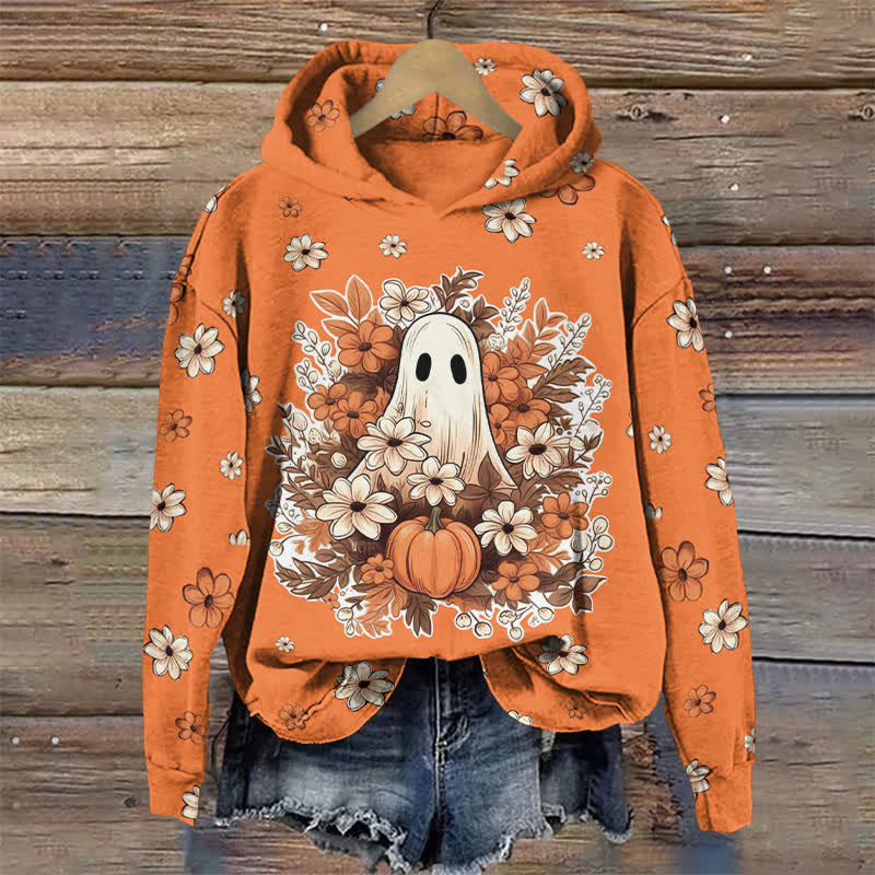 Ghost In The Bouquet Halloween Print Long Sleeve Hoodie - Orange - US44-46(8XL) - image 1