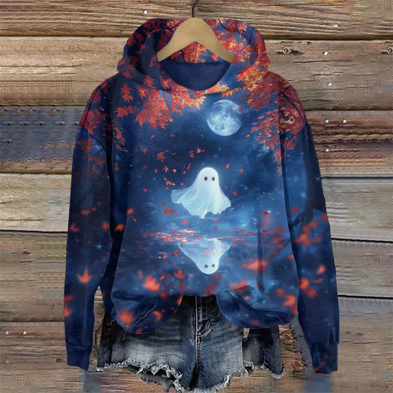 Ghost Under The Maple Tree Halloween Print Long Sleeve Hoodie - Blue - US44-46(8XL) - image 1