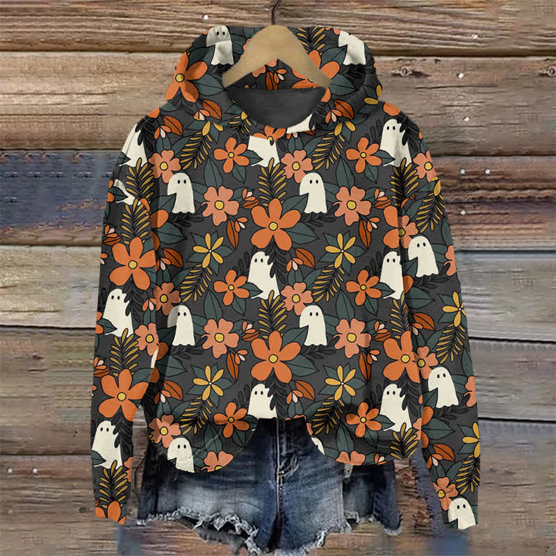 Ghost In The Flowers Halloween Print Long Sleeve Hoodie - Olive Green - US44-46(8XL) - image 1