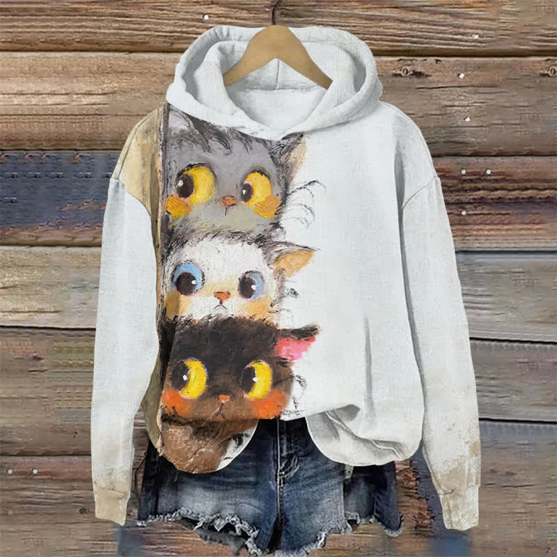 Peeking Cats Oil Painting Print Long Sleeve Hoodie - Light Gray - US44-46(8XL) - image 1