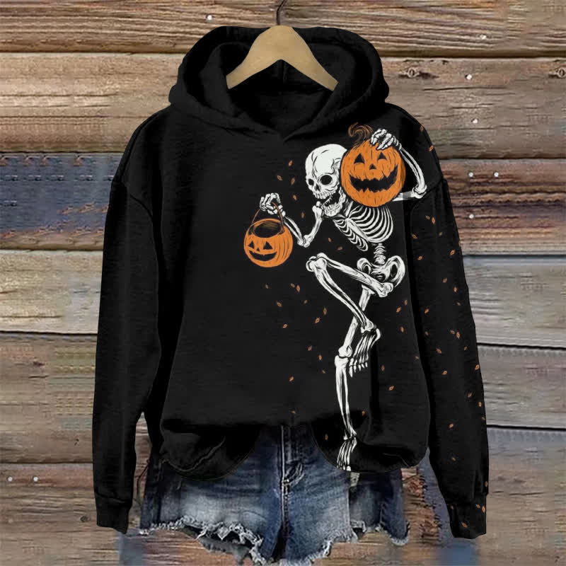Dancing Skeleton Holding A Pumpkin Halloween Print Long Sleeve Hoodie - Black - US44-46(8XL) - image 1