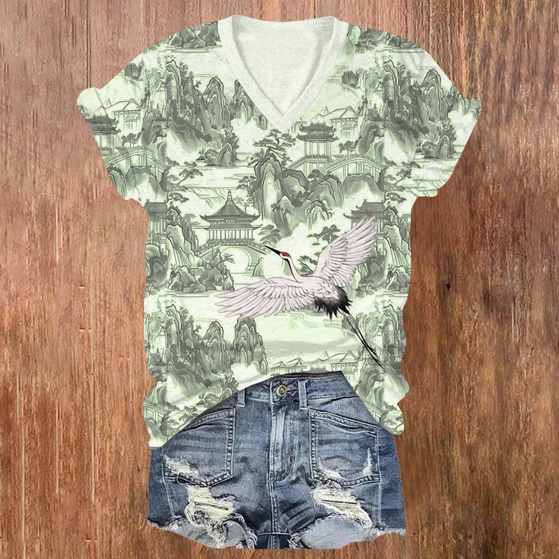 Mountain & Crane Print V-neck T-shirt - Green - US32-34(5XL) - image 1