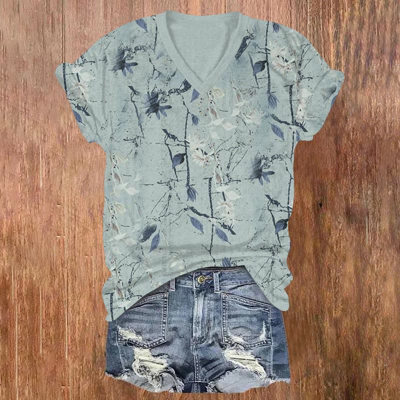 Watercolor Plants Print V-neck T-shirt - Light Green - US32-34(5XL) - image 1