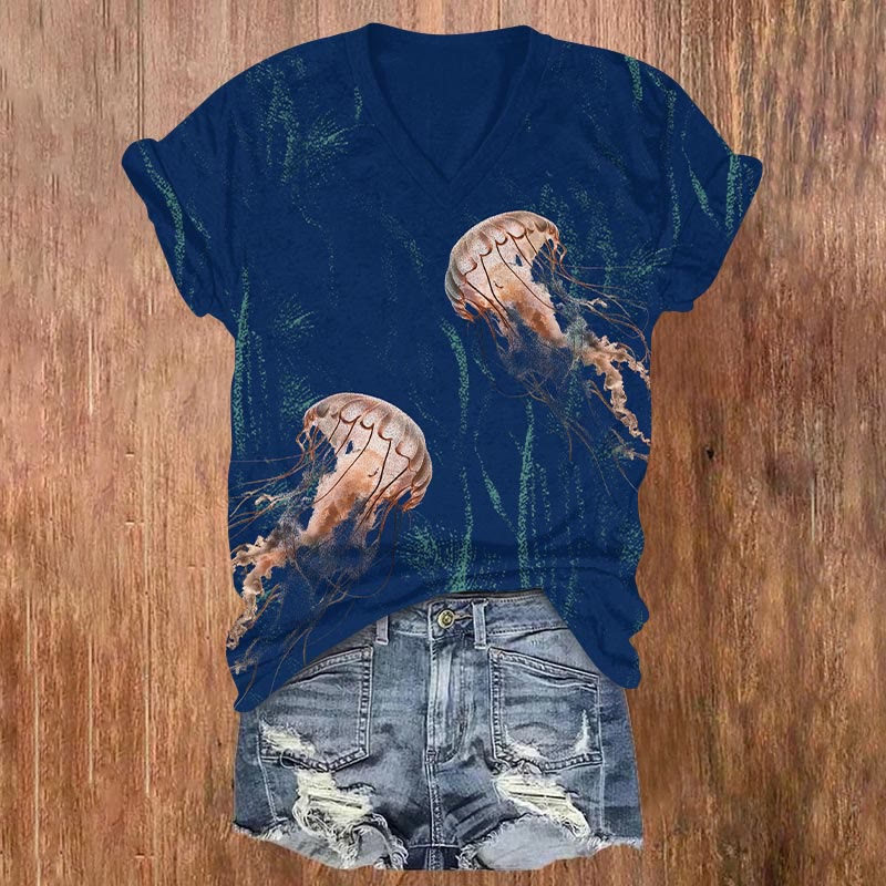 Watercolor Jellyfidh Print V-neck T-shirt - Blue - US32-34(5XL) - image 1