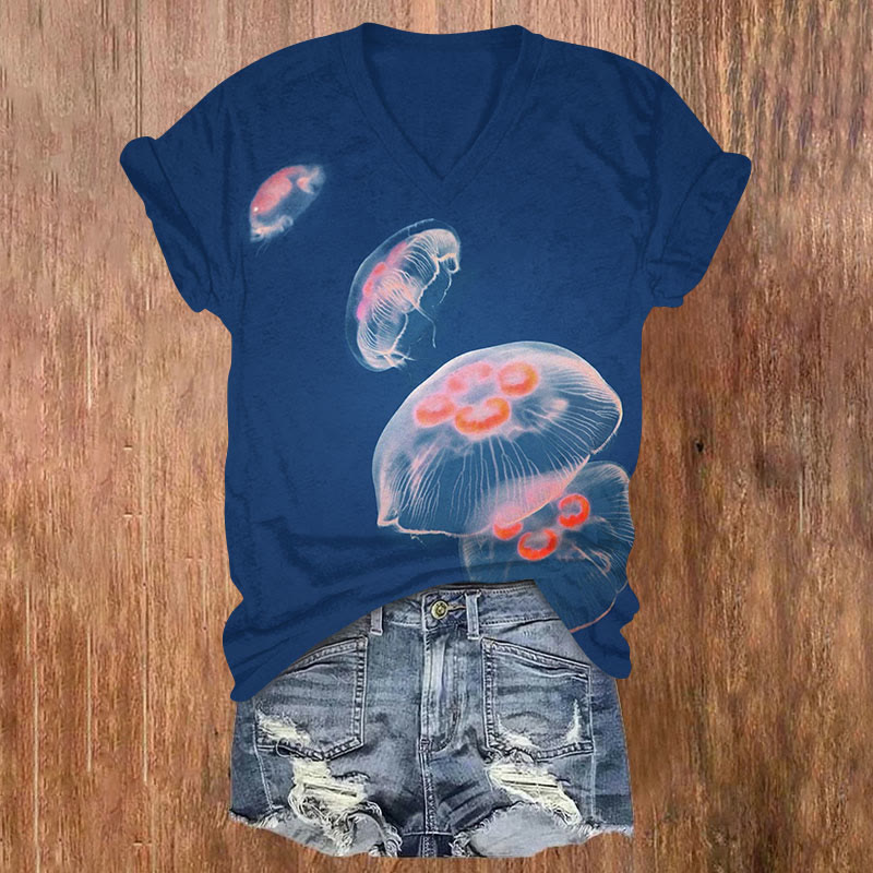Watercolor Jellyfidh Print v-neck T-Shirt - Navy Blue - US32-34(5XL) - image 1