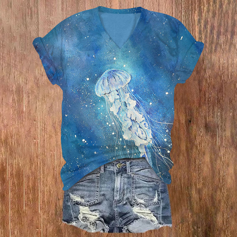 Watercolor Jellyfidh Print V-neck T-shirt - Lake Blue - US32-34(5XL) - image 1