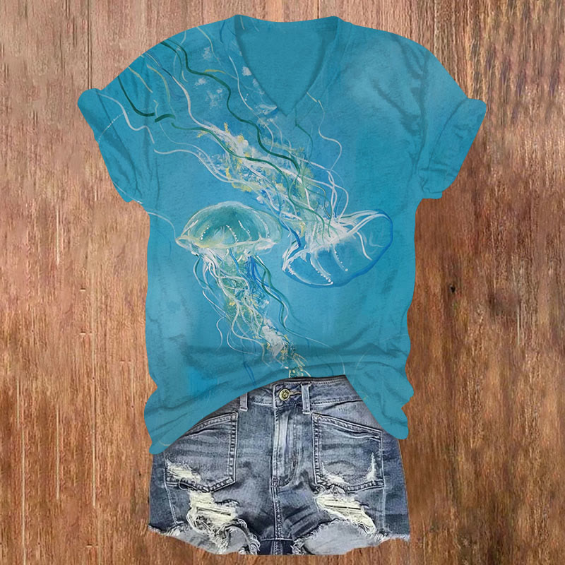 Watercolor Jellyfidh Print v-neck T-Shirt - Green - US32-34(5XL) - image 1