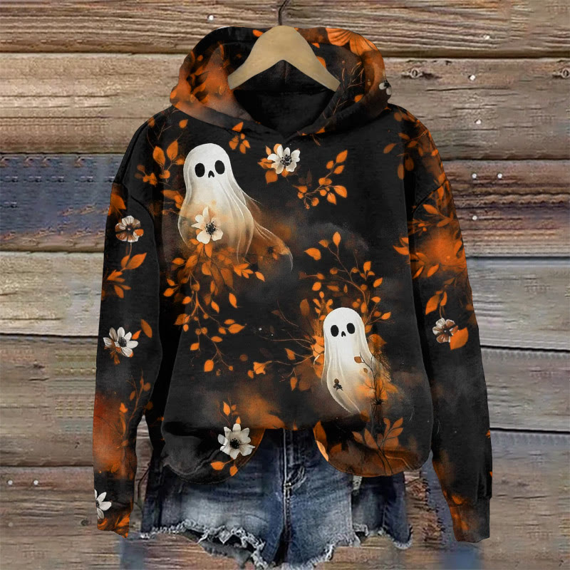 Ghost In The Flowers Halloween Print Long Sleeve Hoodie - Orange - US44-46(8XL) - image 2