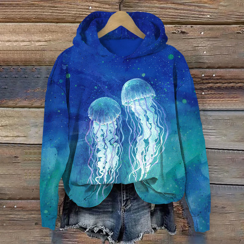Watercolor Jellyfish Print Long Sleeve Hoodie - Blue - US44-46(8XL) - image 1