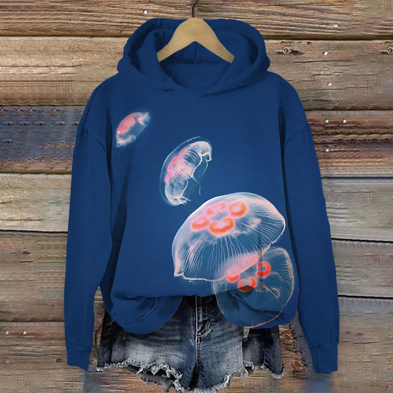 Watercolor Jellyfish Print Long Sleeve Hoodie - Navy Blue - US44-46(8XL) - image 1