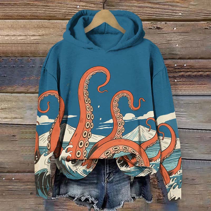 Japanese Cartoon Ocean Octopus Tentacles Print Long Sleeve Hoodie - Blue - US44-46(8XL) - image 1