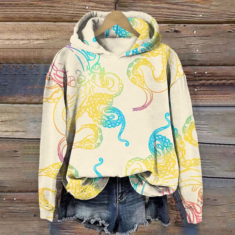 Japanese Abstract Color Painting Octopus Print Long Sleeve Hoodie - Yellow - US44-46(8XL) - image 1