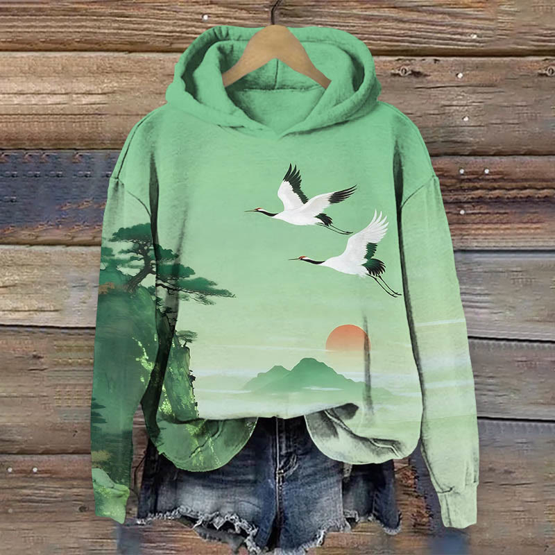 Japanese Watercolor Sunset & Flying Crane Print Long Sleeve Hoodie - Green - US44-46(8XL) - image 1
