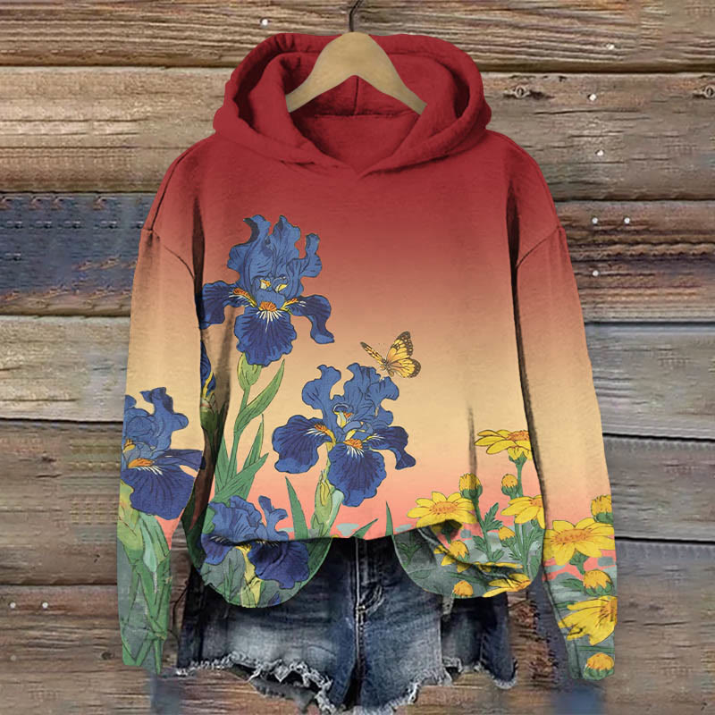 Japanese Watercolor Sunflower Print Long Sleeve Hoodie - Red - US44-46(8XL) - image 1