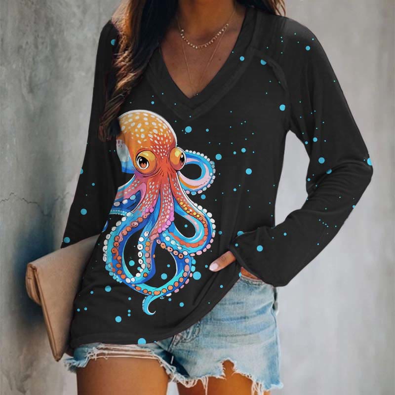 Japanese Funny Bubble Octopus Art Print Long Sleeve T-shirt - Black - 5XL - image 1