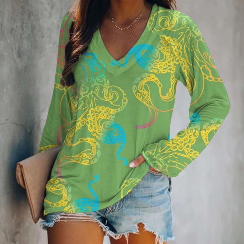 Japanese Abstract Color Painting Octopus Art Print Long Sleeve T-shirt - Green - 5XL - image 1
