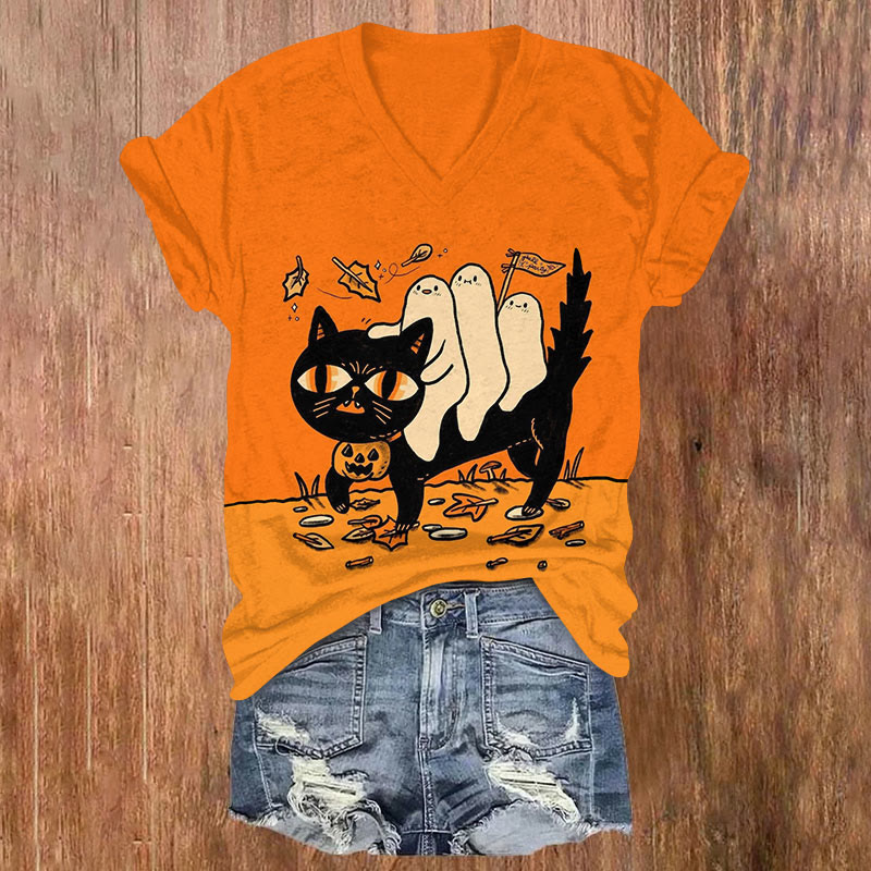 Halloween Cat & Ghoats Print V-neck T-shirt - Orange - US32-34(5XL) - image 1