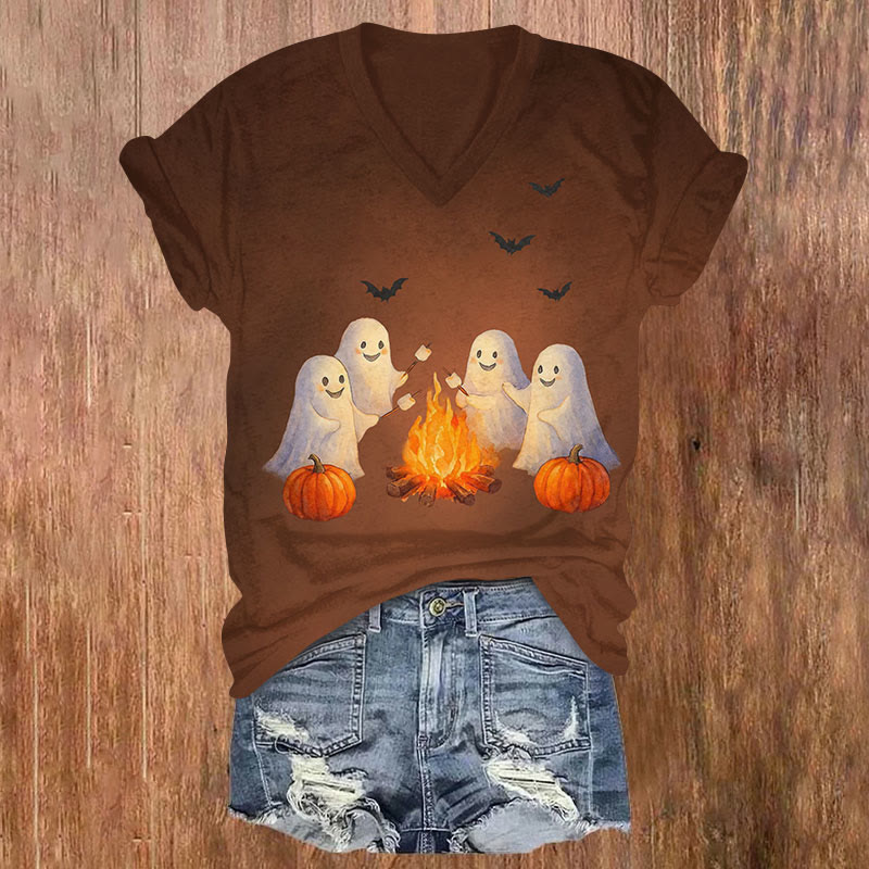 Halloween Cute Ghoats Print V-neck T-shirt - Brown - US32-34(5XL) - image 1