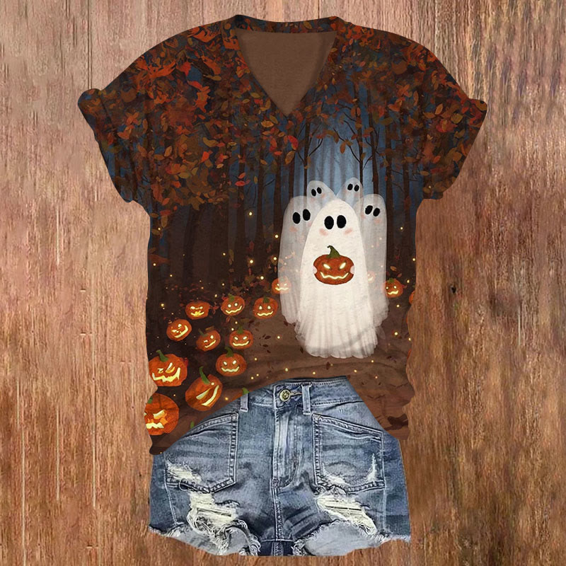Halloween Pumpkin & Ghoats Print V-neck T-shirt - Brown - US32-34(5XL) - image 1