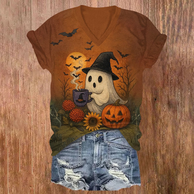 Halloween Pumpkin & Ghoats Print V-neck T-shirt - Brown - US32-34(5XL) - image 1