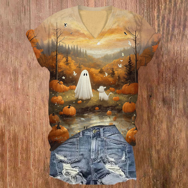 Halloween Pumpkin & Ghoats Print V-neck T-shirt - Yellow - US32-34(5XL) - image 1