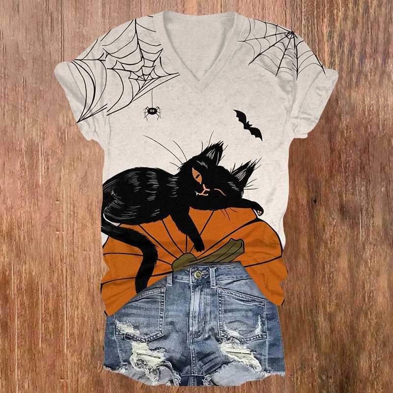 Halloween Cats & Pumpkin Print V-neck T-shirt - Beige - US32-34(5XL) - image 1
