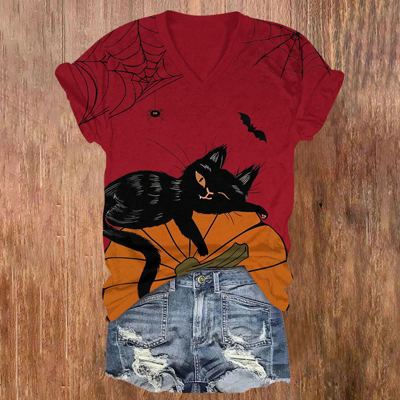 Halloween Cats & Pumpkin Print V-neck T-shirt - Wine - US32-34(5XL) - image 3