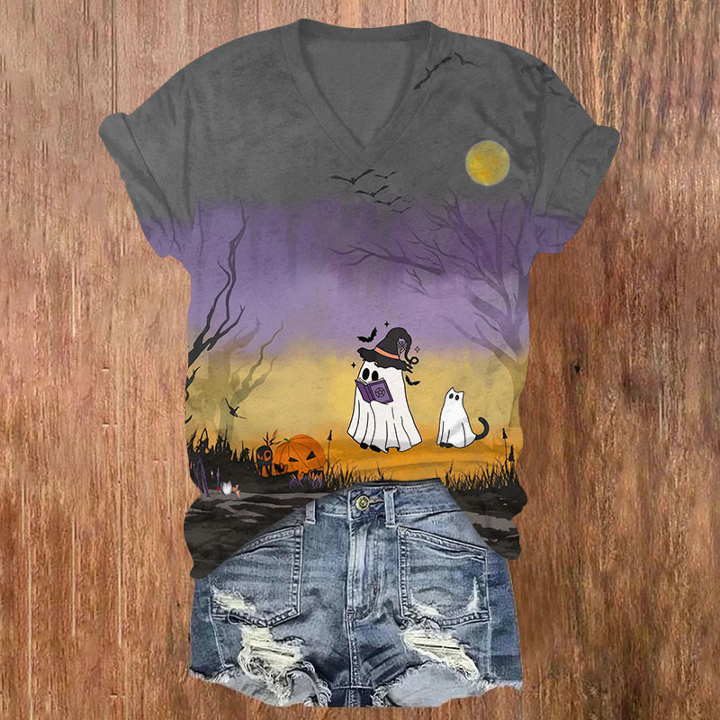 Halloween Cute Ghoat & Cat Print V-neck T-shirt - Multicolor - US32-34(5XL) - image 1