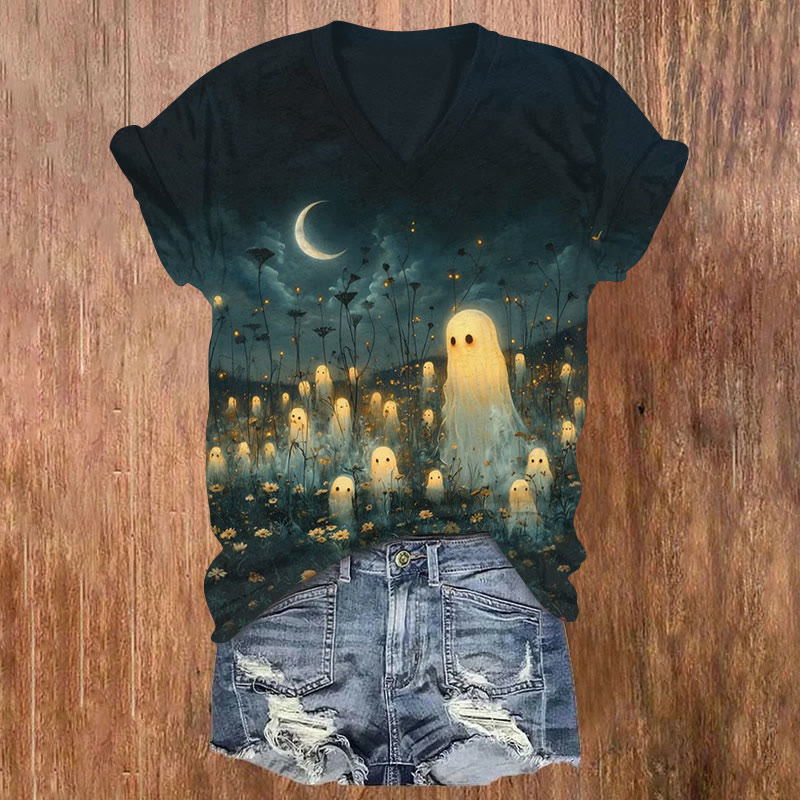 Halloween Ghoats Print V-neck T-shirt - Dark Green - US32-34(5XL) - image 1