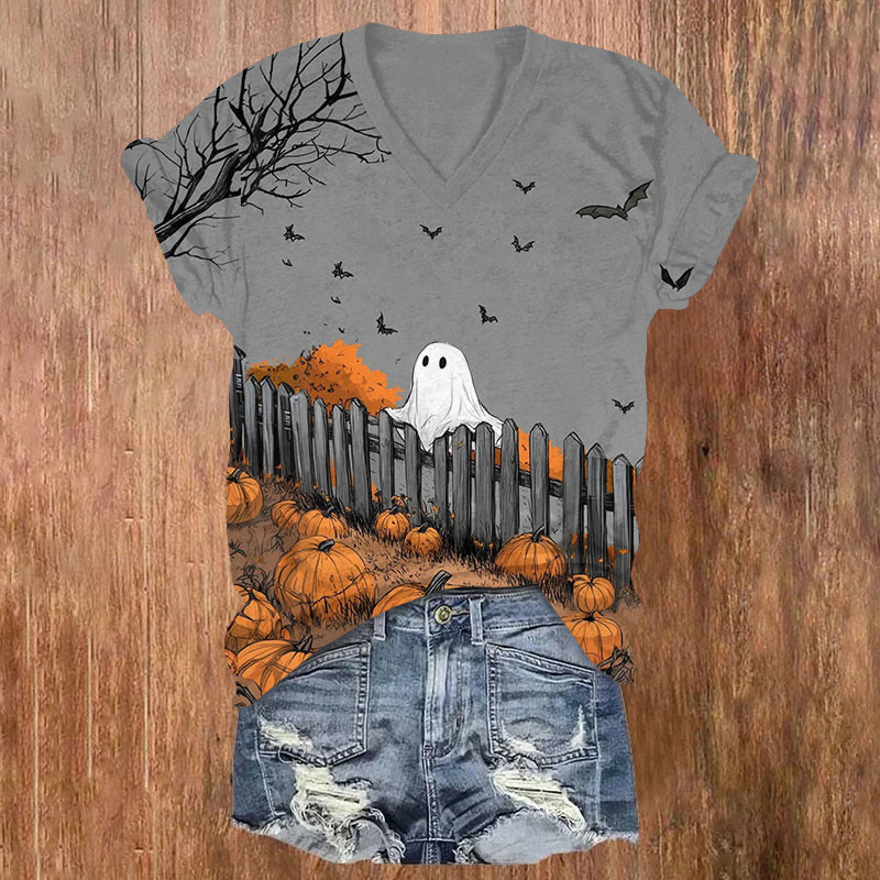Halloween Ghoats Print V-neck T-shirt - Light Gray - US32-34(5XL) - image 1