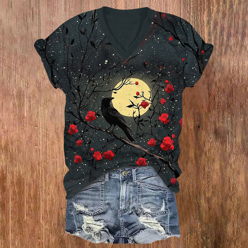 Halloween Crow & Floral Print V-neck T-shirt - Dark Grey - US32-34(5XL) - image 1