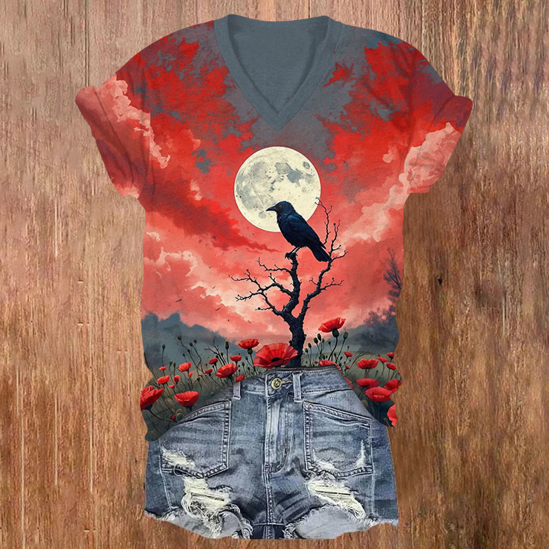 Halloween Crow & Floral Print V-neck T-shirt - Red - US32-34(5XL) - image 1