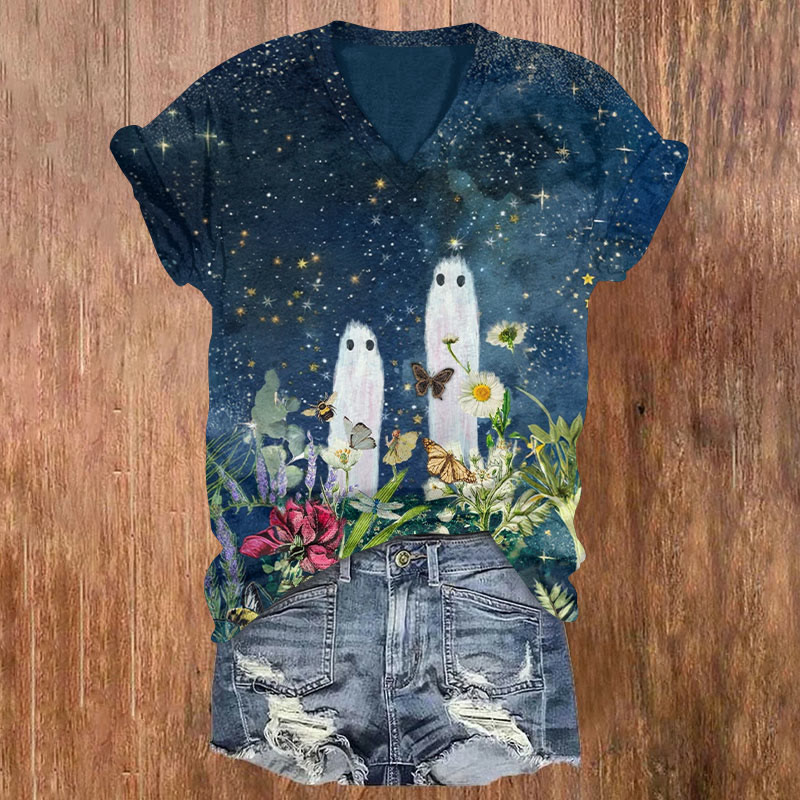 Halloween Ghoats & Floral Print V-neck T-shirt - Navy Blue - US32-34(5XL) - image 1