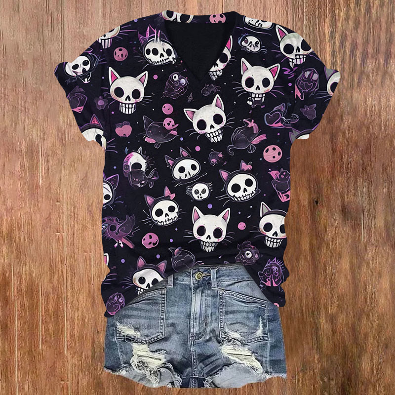 Halloween Cute Skeleton Print V-neck T-shirt - Black - US32-34(5XL) - image 1