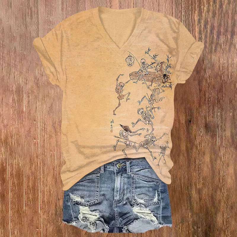 Halloween Skeletons Print V-neck T-shirt - Camel - US32-34(5XL) - image 1