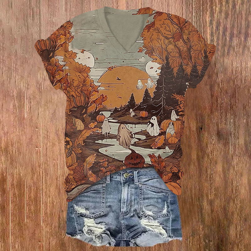 Halloween Ghoats In Forest Print V-neck T-shirt - Brown - US32-34(5XL) - image 1