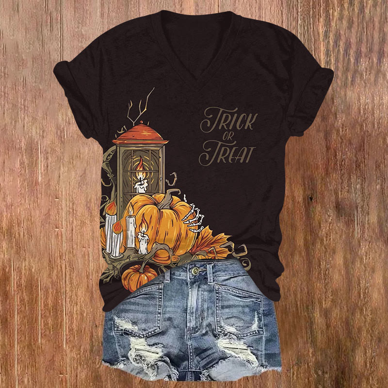 Halloween Candles & Pumpkin Print V-neck T-shirt - Black - US32-34(5XL) - image 1