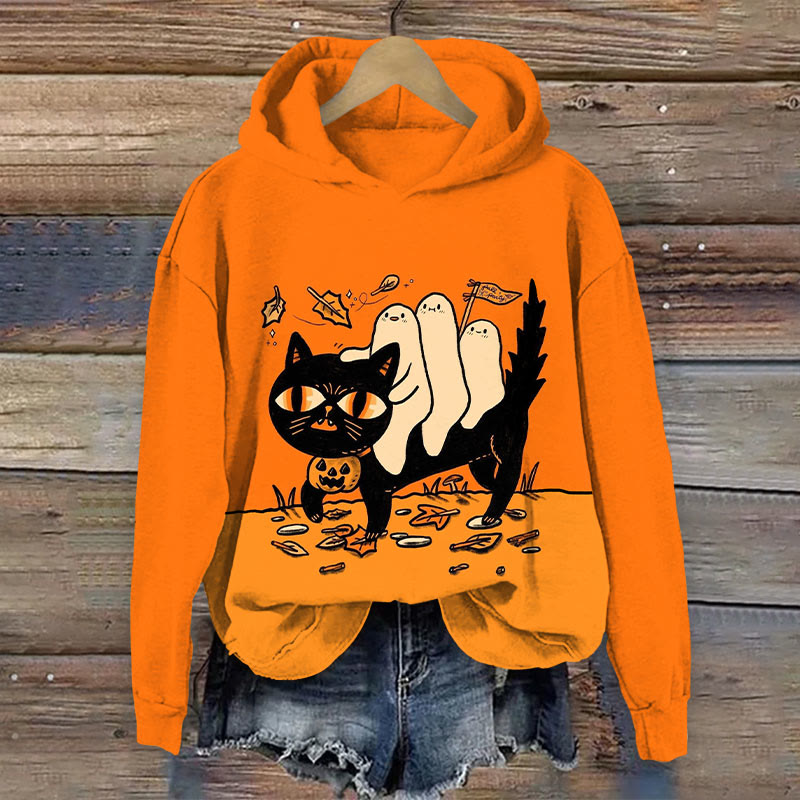 Halloween Cat & Ghoats Print Long Sleeve Hoodie - Orange - US44-46(8XL) - image 1