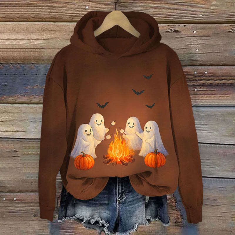 Halloween Cute Ghoats Print Long Sleeve Hoodie - Brown - US44-46(8XL) - image 1