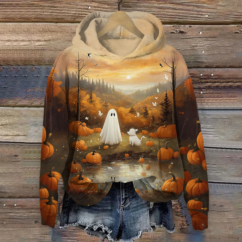 Halloween Pumpkin & Ghoats Print Long Sleeve Hoodie - Brown - US44-46(8XL) - image 1