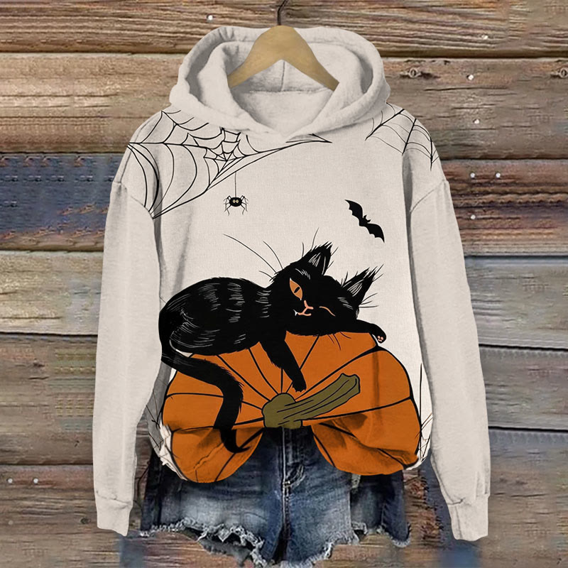 Halloween Pumpkin & Cat Print Long Sleeve Hoodie - Beige - US44-46(8XL) - image 1