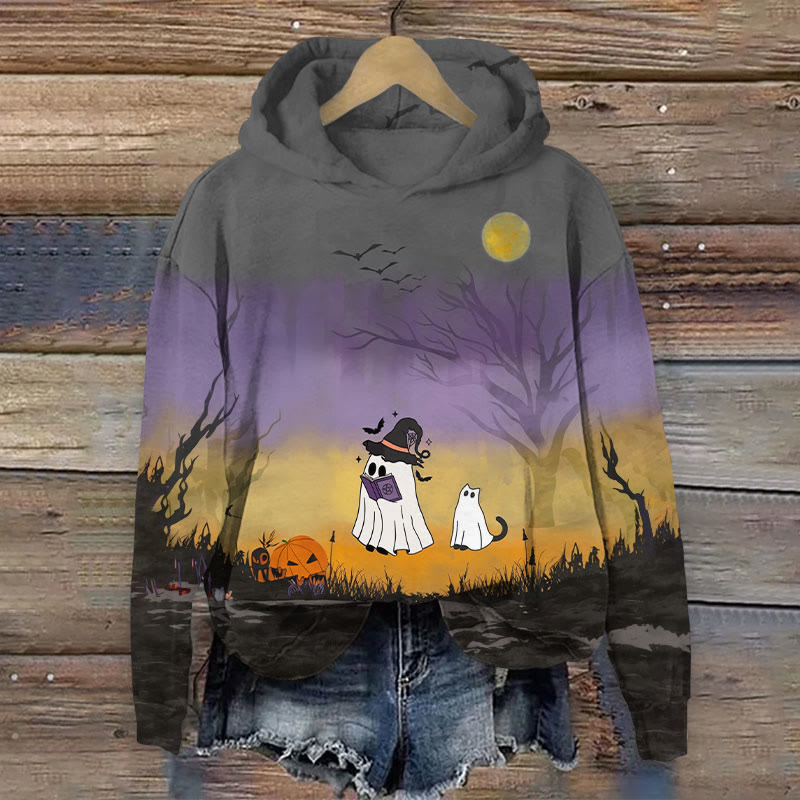 Halloween Cut Ghoat & Cat Print Long Sleeve Hoodie - Multicolor - US44-46(8XL) - image 1