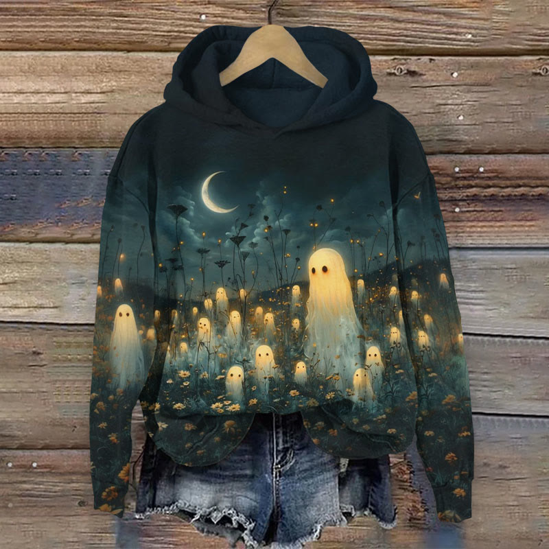 Halloween Ghoats Print Long Sleeve Hoodie - Dark Green - US44-46(8XL) - image 1