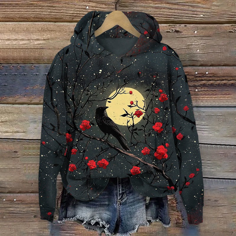 Halloween Crow & Floral Print Long Sleeve Hoodie - Dark Grey - US44-46(8XL) - image 1