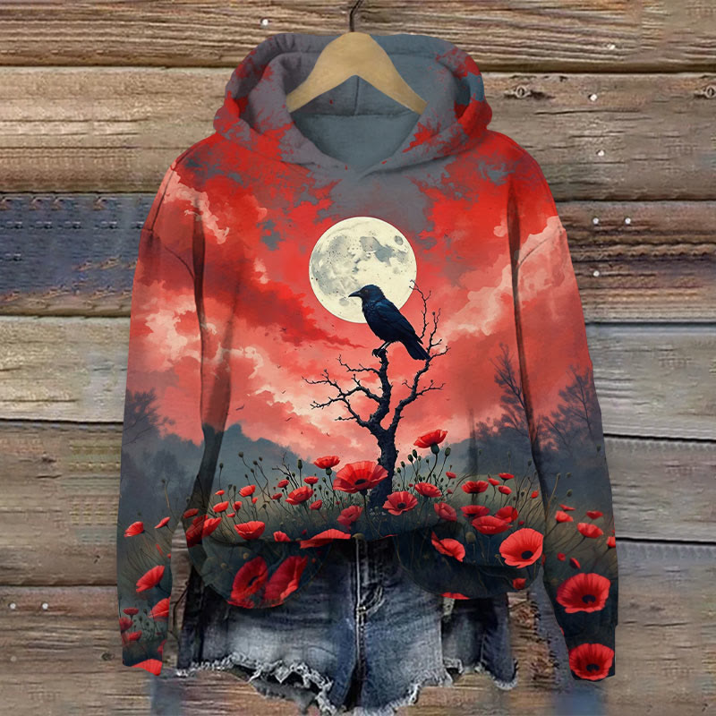 Halloween Crow & Floral print Long Sleeve Hoodie - Red - US44-46(8XL) - image 1