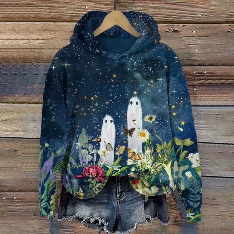 Halloween Ghoats & Floral Print Long Sleeve Hoodie - Navy Blue - US44-46(8XL) - image 1