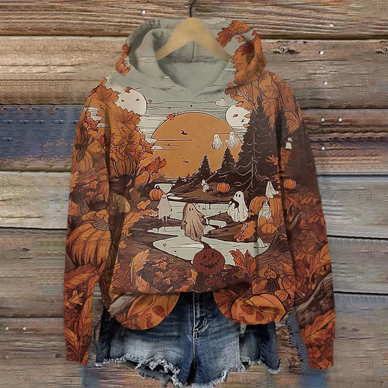 Halloween Ghoats In Forest Print Long Sleeve Hoodie - Brown - US44-46(8XL) - image 1