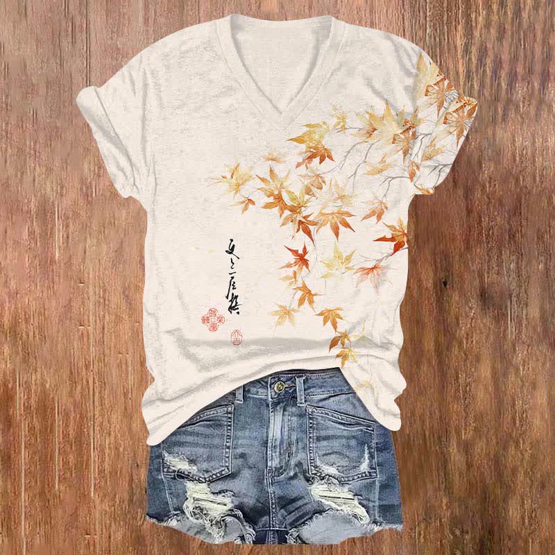 Japanese Watercolor Maple Leaf In Fall Art Print V-neck T-shirt - Beige - US32-34(5XL) - image 1