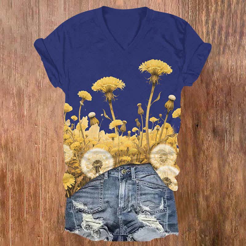 Japanese Vintage Sunflower & Dandelion Art Print V-neck T-shirt - Blue - US32-34(5XL) - image 2
